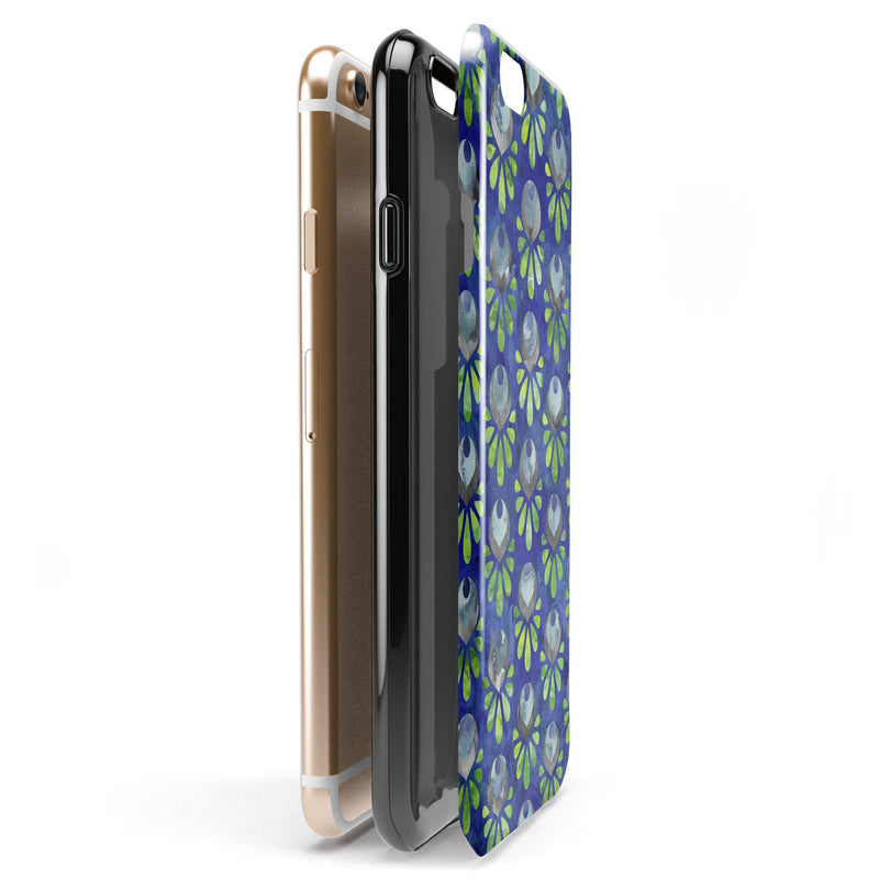 Dark Blue and Green Watercolor Peacock Feathers iPhone 6/6s or 6/6s Plus 2-Piece Hybrid INK-Fuzed Case