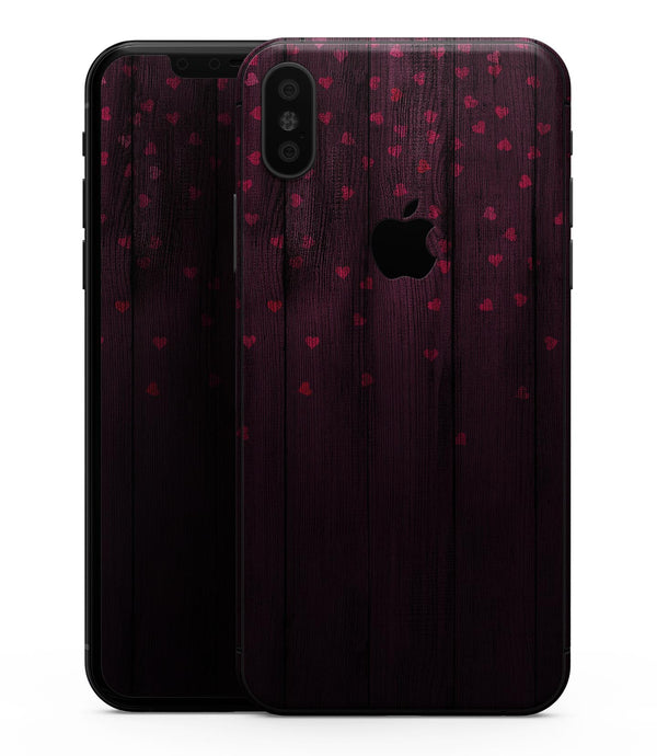 Falling Micro Hearts Over Burgundy Planks of Wood - iPhone XS MAX, XS/X, 8/8+, 7/7+, 5/5S/SE Skin-Kit (All iPhones Avaiable)