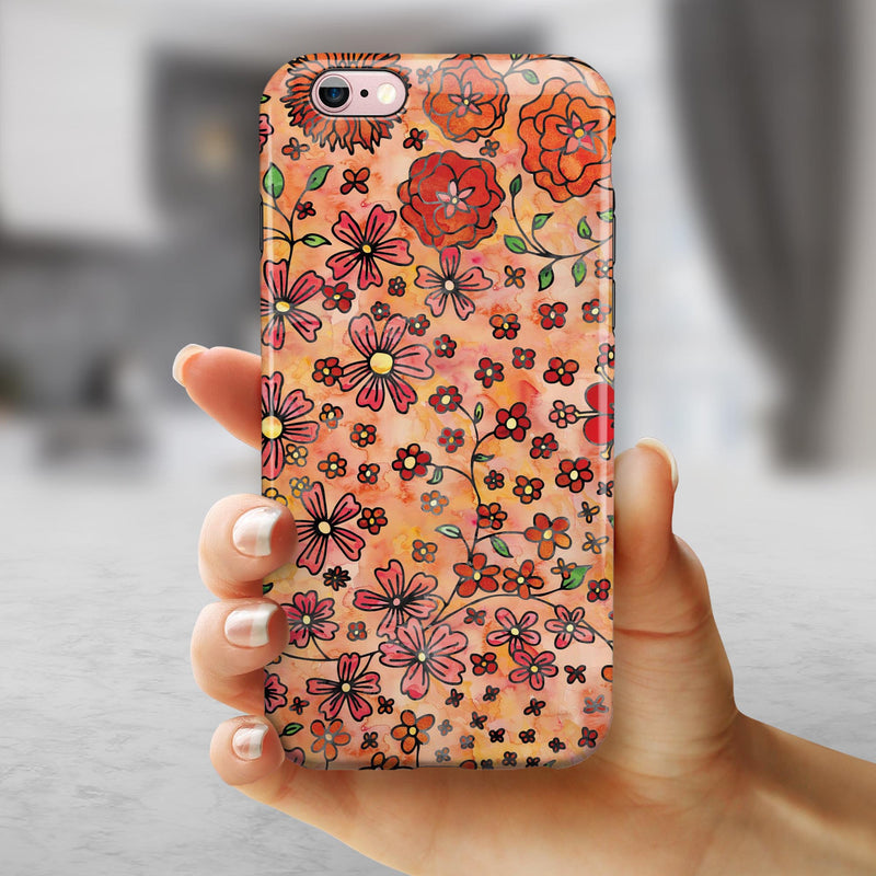 Floral Pattern on Orange Watercolor iPhone 6/6s or 6/6s Plus 2-Piece Hybrid INK-Fuzed Case