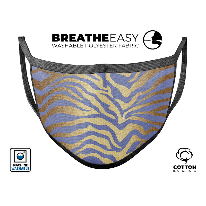 Gold Flaked Animal Blue Zebra - Made in USA Mouth Cover Unisex Anti-Dust Cotton Blend Reusable & Washable Face Mask with Adjustable Sizing for Adult or Child
