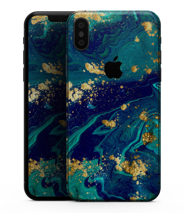 Gold Flaked Teal Oil - iPhone XS MAX, XS/X, 8/8+, 7/7+, 5/5S/SE Skin-Kit (All iPhones Avaiable)