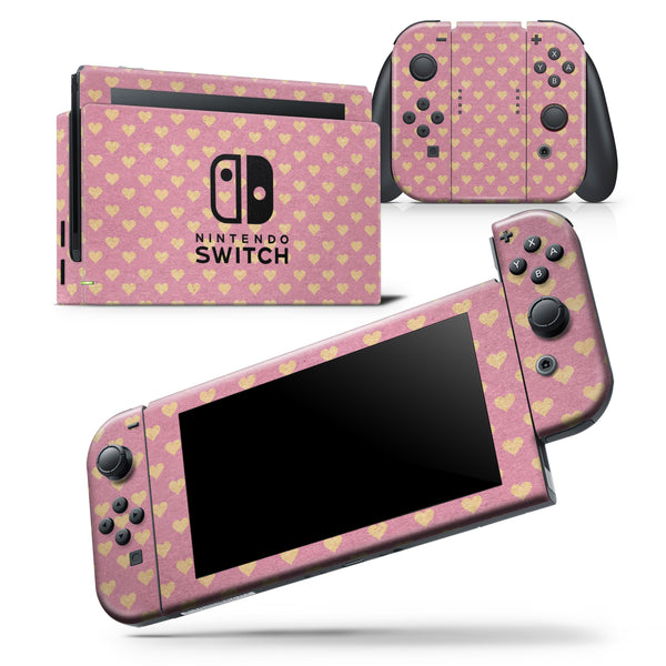 Golden Micro Hearts Over Pink - Skin Wrap Decal for Nintendo Switch Lite Console & Dock - 3DS XL - 2DS - Pro - DSi - Wii - Joy-Con Gaming Controller
