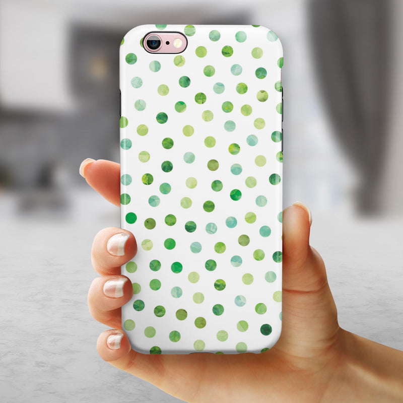 Green Watercolor Dots over White iPhone 6/6s or 6/6s Plus 2-Piece Hybrid INK-Fuzed Case