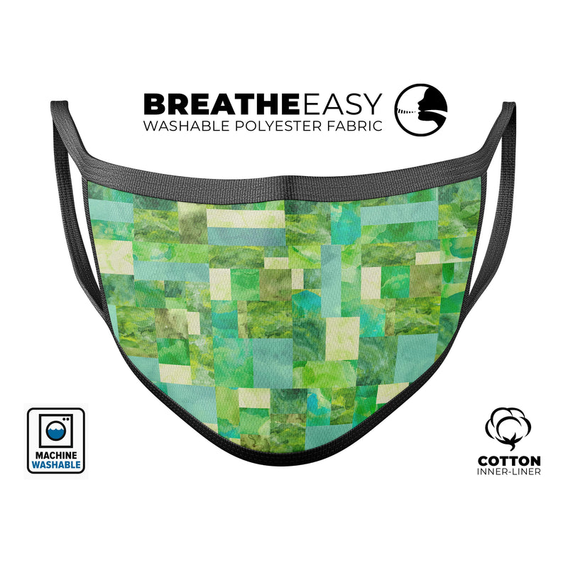 Green Watercolor Patchwork - Made in USA Mouth Cover Unisex Anti-Dust Cotton Blend Reusable & Washable Face Mask with Adjustable Sizing for Adult or Child