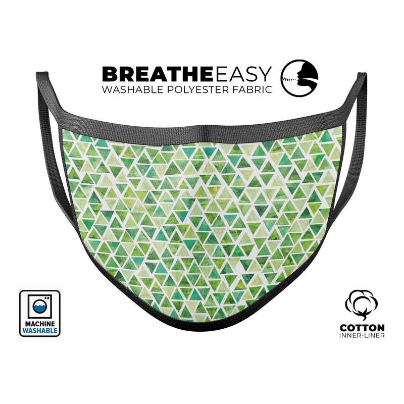 Green Watercolor Triangle Pattern - Made in USA Mouth Cover Unisex Anti-Dust Cotton Blend Reusable & Washable Face Mask with Adjustable Sizing for Adult or Child