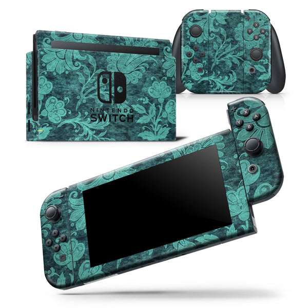 Green and Teal Floral Velvet v3 - Skin Wrap Decal for Nintendo Switch Lite Console & Dock - 3DS XL - 2DS - Pro - DSi - Wii - Joy-Con Gaming Controller