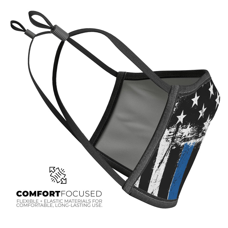 Grunge Patriotic American Flag with Thin Blue Line 3 - Made in USA Mouth Cover Unisex Anti-Dust Cotton Blend Reusable & Washable Face Mask with Adjustable Sizing for Adult or Child