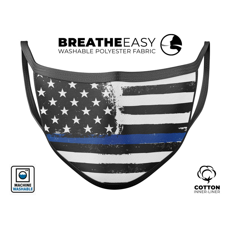Grunge Patriotic American Flag with Thin Blue Line V2 2 - Made in USA Mouth Cover Unisex Anti-Dust Cotton Blend Reusable & Washable Face Mask with Adjustable Sizing for Adult or Child