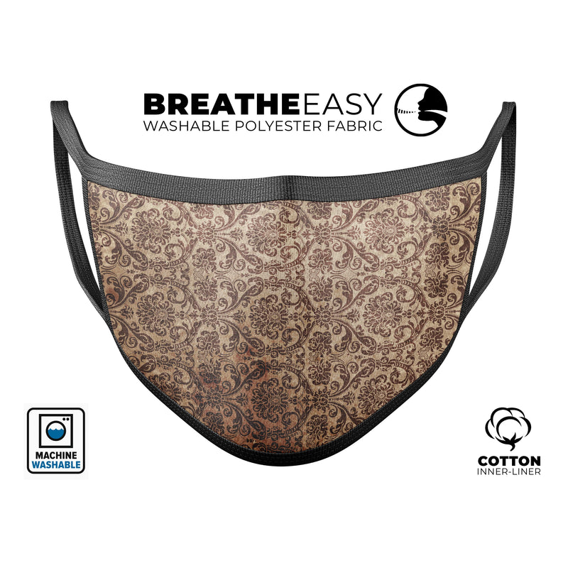 Grungy Brown and Tan Horizontal Rococo Pattern - Made in USA Mouth Cover Unisex Anti-Dust Cotton Blend Reusable & Washable Face Mask with Adjustable Sizing for Adult or Child
