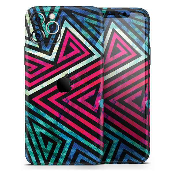 Grungy Neon Triangular Zig Zag Shapes - Skin-Kit compatible with the Apple iPhone 12, 12 Pro Max, 12 Mini, 11 Pro or 11 Pro Max (All iPhones Available)