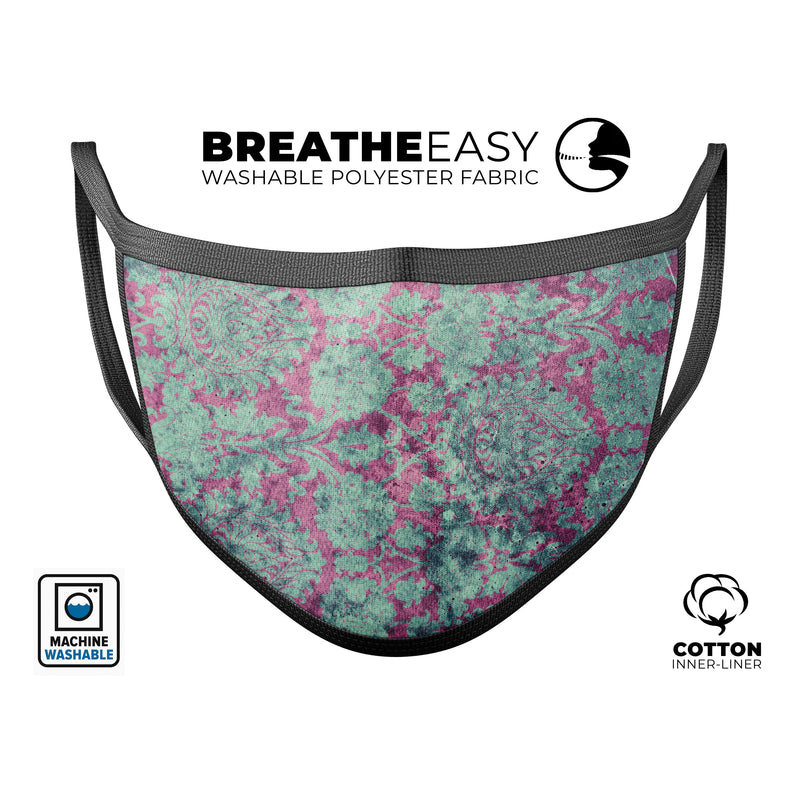 Grungy Teal and Pink Damask Pattern - Made in USA Mouth Cover Unisex Anti-Dust Cotton Blend Reusable & Washable Face Mask with Adjustable Sizing for Adult or Child