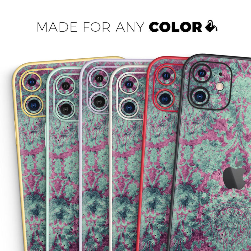 Grungy Teal and Pink Damask Pattern - Skin-Kit compatible with the Apple iPhone 12, 12 Pro Max, 12 Mini, 11 Pro or 11 Pro Max (All iPhones Available)