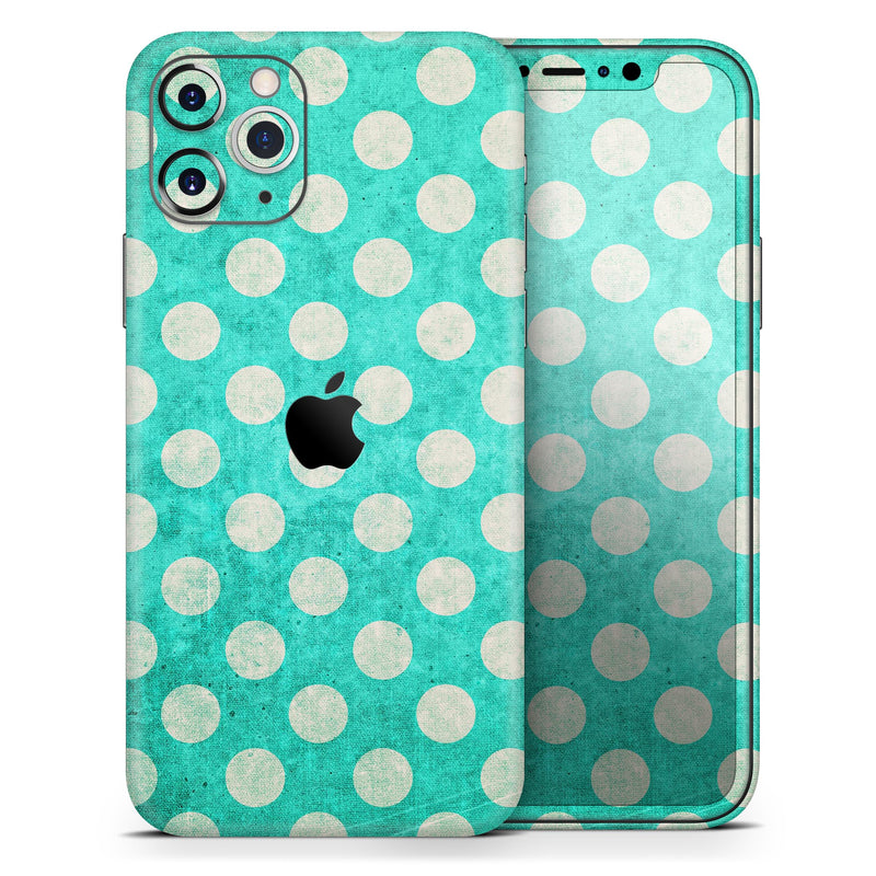 Grungy Teal and White Polka Dots - Skin-Kit compatible with the Apple iPhone 12, 12 Pro Max, 12 Mini, 11 Pro or 11 Pro Max (All iPhones Available)