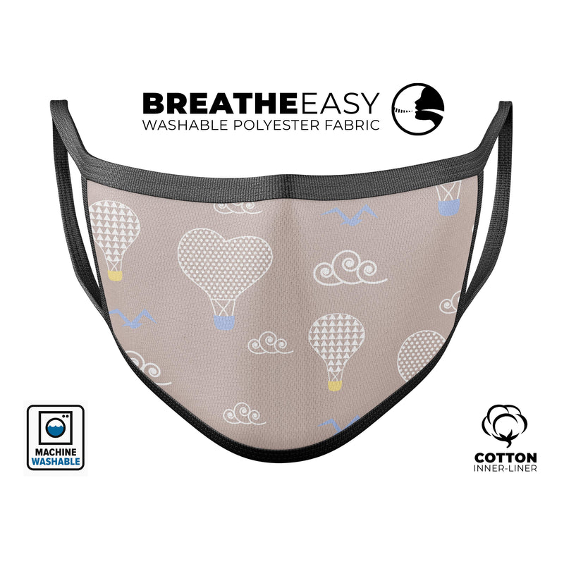 Heart Air Balloons with Blue Birds - Made in USA Mouth Cover Unisex Anti-Dust Cotton Blend Reusable & Washable Face Mask with Adjustable Sizing for Adult or Child