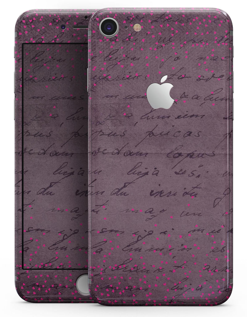 Hot Pink Micro Hearts Over Burgundy Script - Skin-kit for the iPhone 8 or 8 Plus