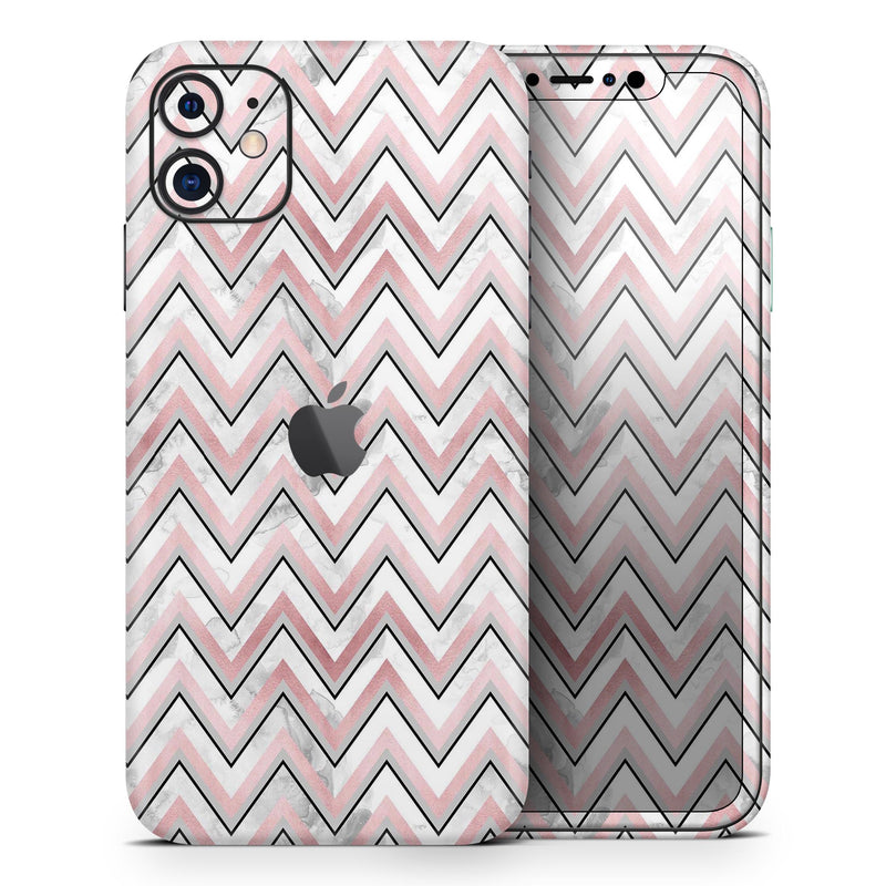 Karamfila Marble & Rose Gold Chevron v14 - Skin-Kit compatible with the Apple iPhone 12, 12 Pro Max, 12 Mini, 11 Pro or 11 Pro Max (All iPhones Available)