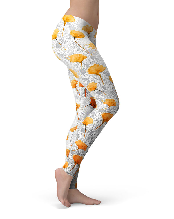Karamfila Yellow & Gray Floral V10 - All Over Print Womens Leggings / Yoga or Workout Pants