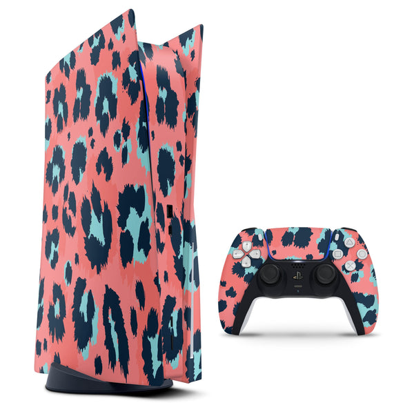 Leopard Coral and Teal V23 - Full Body Skin Decal Wrap Kit for Sony Playstation 5, Playstation 4, Playstation 3, & Controllers