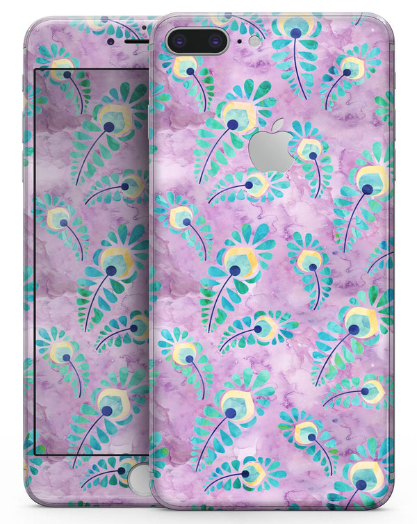 Light Purple and Blue Watercolor Peacock Feathers - Skin-kit for the iPhone 8 or 8 Plus