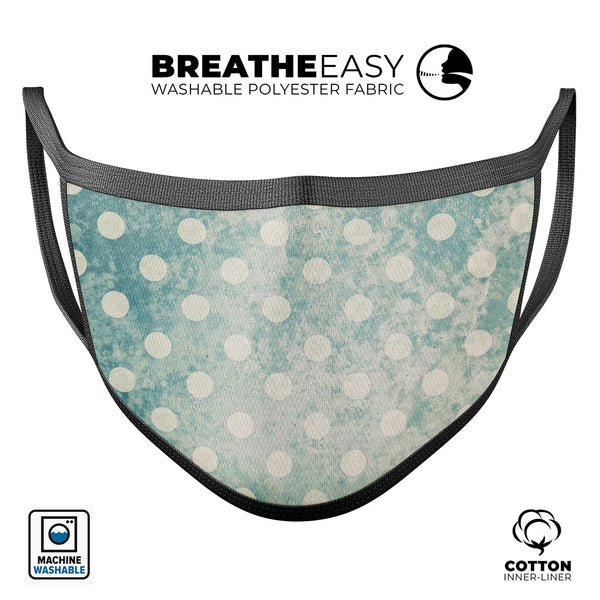 Mottled Aqua and White Polkadots-10 - Made in USA Mouth Cover Unisex Anti-Dust Cotton Blend Reusable & Washable Face Mask with Adjustable Sizing for Adult or Child