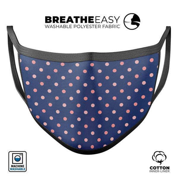 Multicolor Coral Dots Over Navy Blue Pattern - Made in USA Mouth Cover Unisex Anti-Dust Cotton Blend Reusable & Washable Face Mask with Adjustable Sizing for Adult or Child