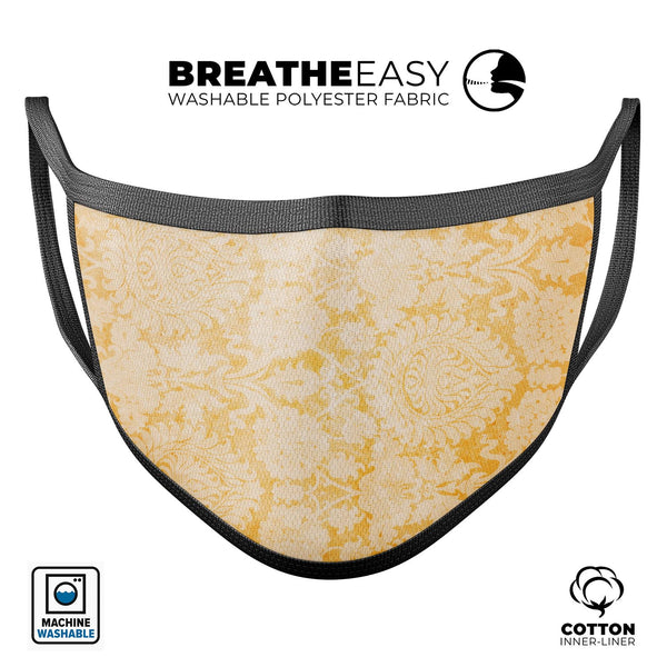 Mustard Yellow Cauliflower Damask Pattern - Made in USA Mouth Cover Unisex Anti-Dust Cotton Blend Reusable & Washable Face Mask with Adjustable Sizing for Adult or Child