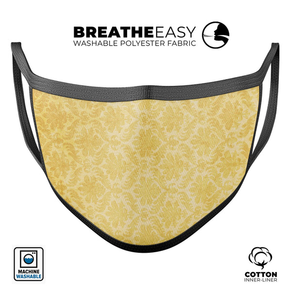 Mustard Yellow Damask Pattern - Made in USA Mouth Cover Unisex Anti-Dust Cotton Blend Reusable & Washable Face Mask with Adjustable Sizing for Adult or Child