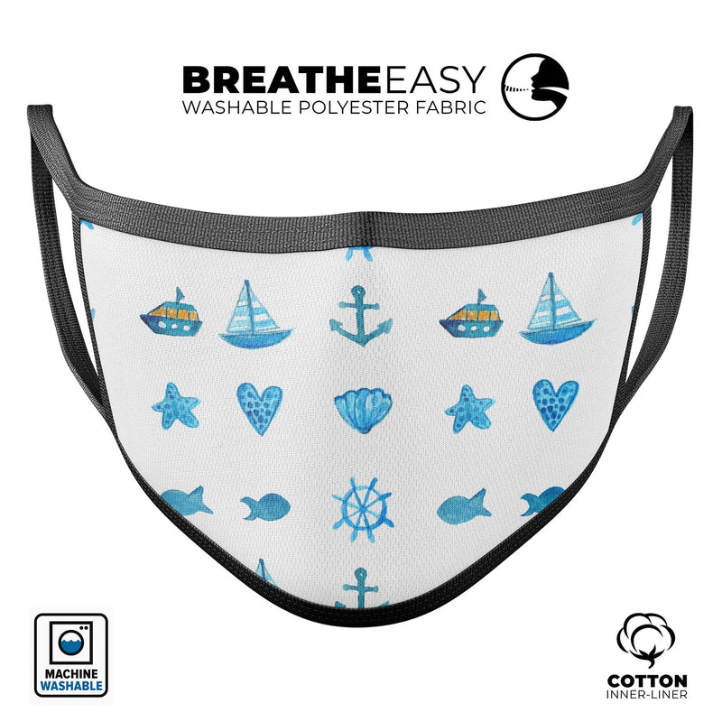 Nautical Watercolor Pattern - Made in USA Mouth Cover Unisex Anti-Dust Cotton Blend Reusable & Washable Face Mask with Adjustable Sizing for Adult or Child