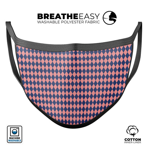 Navy and Coral Checkerboard Pattern - Made in USA Mouth Cover Unisex Anti-Dust Cotton Blend Reusable & Washable Face Mask with Adjustable Sizing for Adult or Child