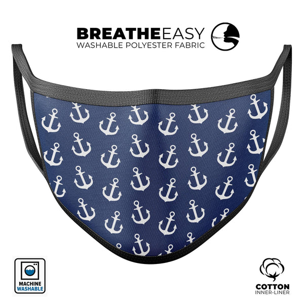 Navy and White Micro Anchors - Made in USA Mouth Cover Unisex Anti-Dust Cotton Blend Reusable & Washable Face Mask with Adjustable Sizing for Adult or Child