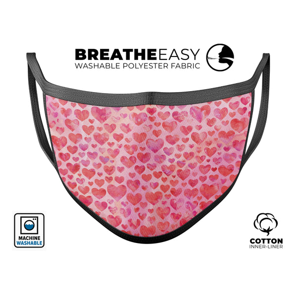 Pink Watercolor Hearts V2 - Made in USA Mouth Cover Unisex Anti-Dust Cotton Blend Reusable & Washable Face Mask with Adjustable Sizing for Adult or Child