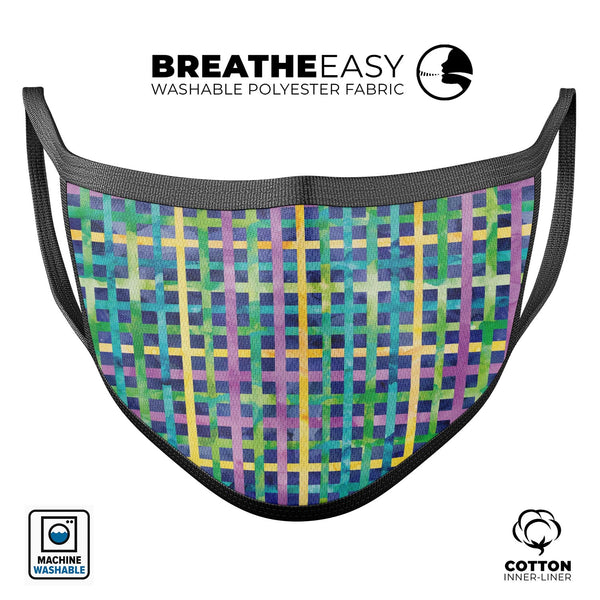 Purple Yellow Green and Blue Stitched Pattern - Made in USA Mouth Cover Unisex Anti-Dust Cotton Blend Reusable & Washable Face Mask with Adjustable Sizing for Adult or Child