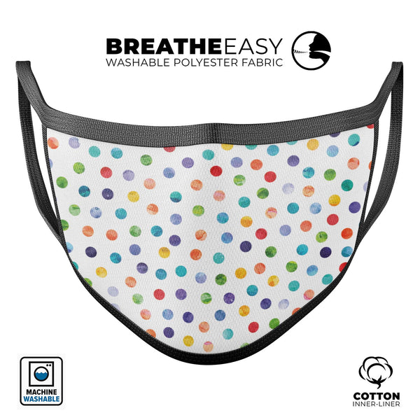 Rainbow Watercolor Dots over White - Made in USA Mouth Cover Unisex Anti-Dust Cotton Blend Reusable & Washable Face Mask with Adjustable Sizing for Adult or Child