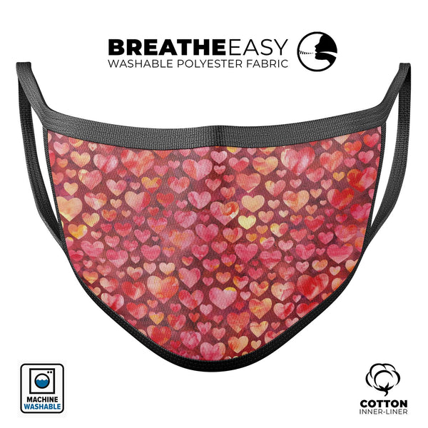 Red Watercolor Hearts - Made in USA Mouth Cover Unisex Anti-Dust Cotton Blend Reusable & Washable Face Mask with Adjustable Sizing for Adult or Child