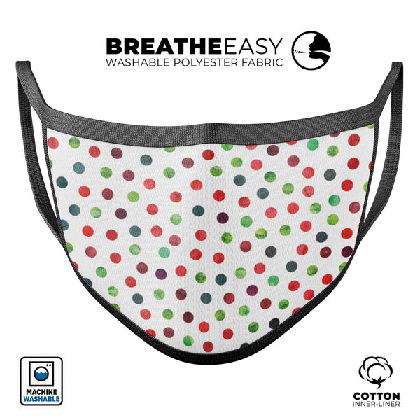 Red and Green Watercolor Dots over White - Made in USA Mouth Cover Unisex Anti-Dust Cotton Blend Reusable & Washable Face Mask with Adjustable Sizing for Adult or Child
