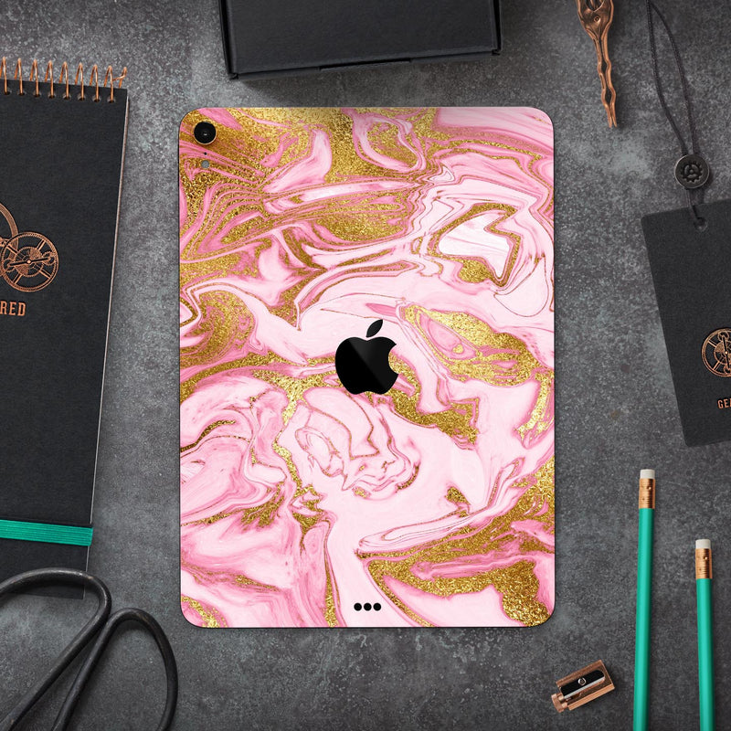Rose Pink Marble & Digital Gold Frosted Foil V17 - Full Body Skin Decal for the Apple iPad Pro 12.9", 11", 10.5", 9.7", Air or Mini (All Models Available)