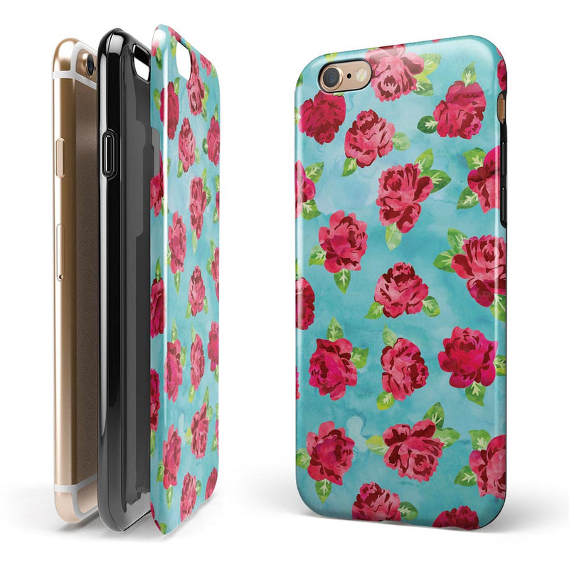 Shabby Chic Flowers over Aqua Watercolor Pattern iPhone 6/6s or 6/6s Plus 2-Piece Hybrid INK-Fuzed Case