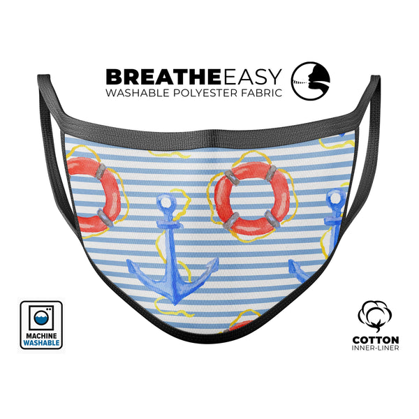 Striped Watercolor Nautical Blue and Pink - Made in USA Mouth Cover Unisex Anti-Dust Cotton Blend Reusable & Washable Face Mask with Adjustable Sizing for Adult or Child