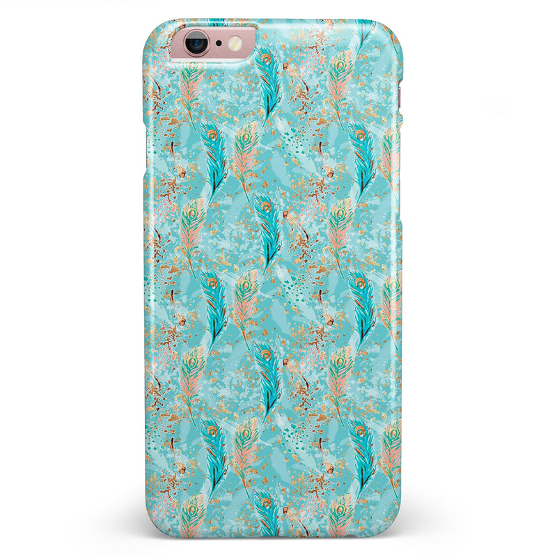 Teal and Coral Whispy Feathers Over Waterstrokes iPhone 6/6s or 6/6s Plus INK-Fuzed Case