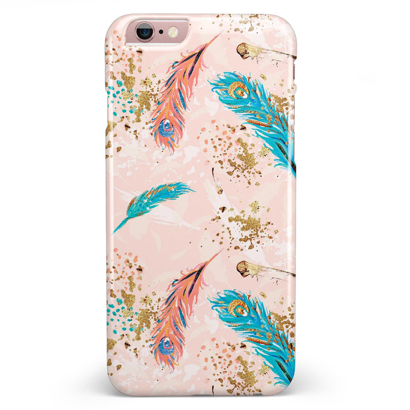 Teal and Croal Feathers Over Gold Strokes iPhone 6/6s or 6/6s Plus INK-Fuzed Case