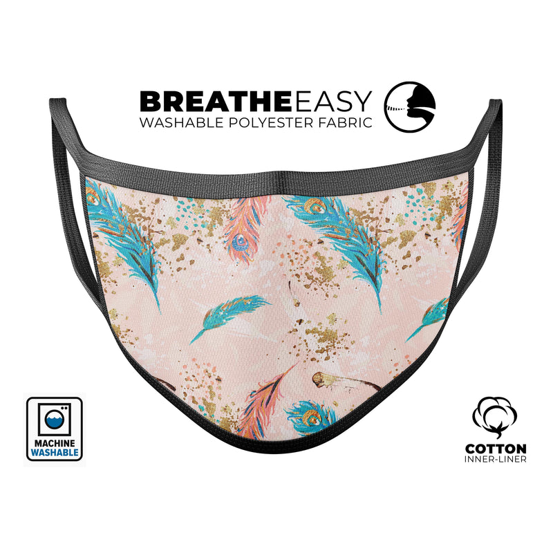 Teal and Croal Feathers Over Gold Strokes - Made in USA Mouth Cover Unisex Anti-Dust Cotton Blend Reusable & Washable Face Mask with Adjustable Sizing for Adult or Child