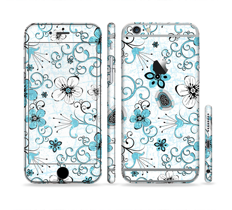 The Abstract Blue & Black Seamless Flowers Sectioned Skin Series for the Apple iPhone 6/6s Plus