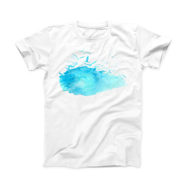 The Abstract Blue Watercolor Seagull Swarm ink-Fuzed Front Spot Graphic Unisex Soft-Fitted Tee Shirt