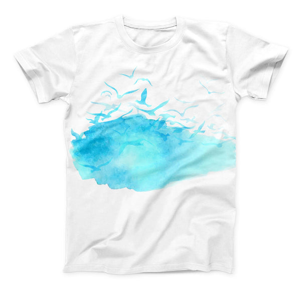 The Abstract Blue Watercolor Seagull Swarm ink-Fuzed Unisex All Over Full-Printed Fitted Tee Shirt