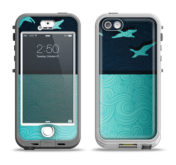 The Abstract Swirled Two Toned Green with Birds Apple iPhone 5-5s LifeProof Nuud Case Skin Set