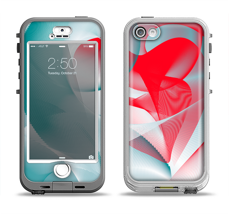 The Abstract Teal & Red Love Connect Apple iPhone 5-5s LifeProof Nuud Case Skin Set