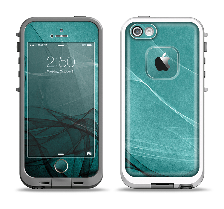 The Abstract Teal and Black Curves Apple iPhone 5-5s LifeProof Fre Case Skin Set
