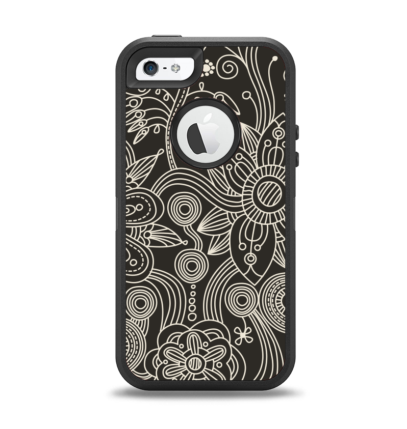 The Black Floral Laced Pattern V2 Apple iPhone 5-5s Otterbox Defender Case Skin Set
