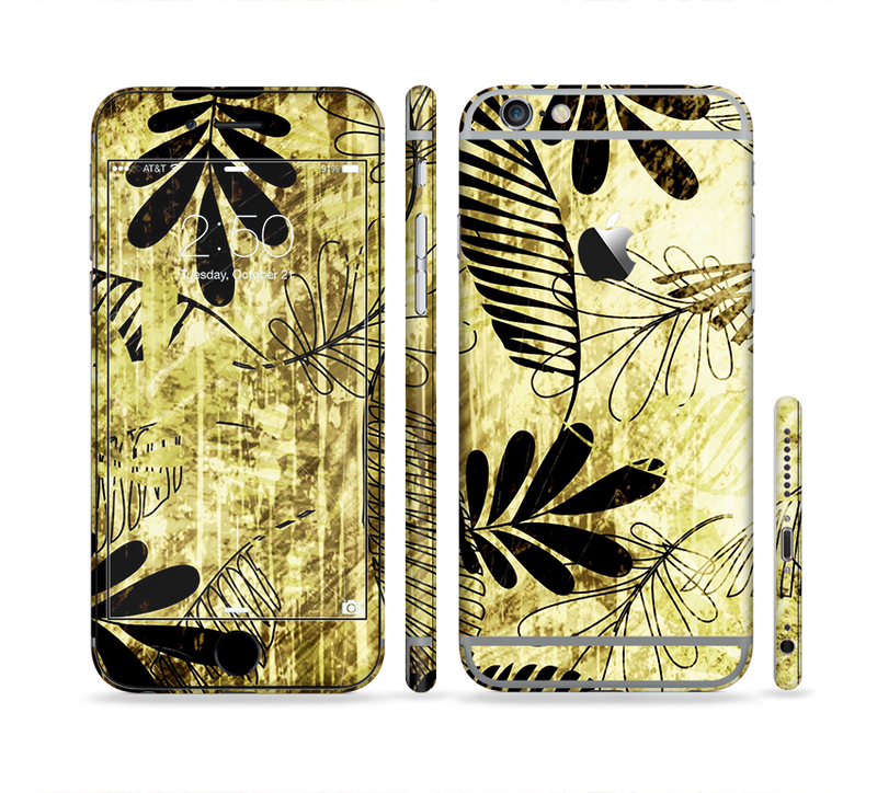 The Black & Gold Grunge Leaf Surface Sectioned Skin Series for the Apple iPhone 6/6s