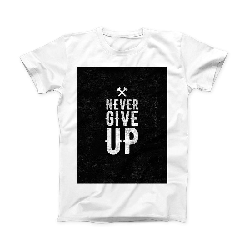 The Black Hammered Never Give Up ink-Fuzed Front Spot Graphic Unisex Soft-Fitted Tee Shirt